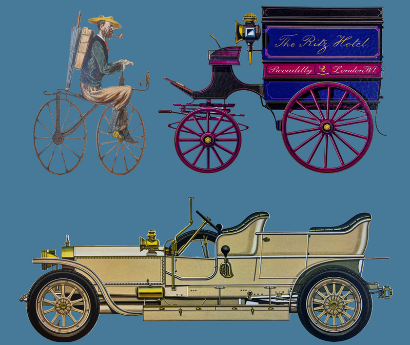 Cyclist riding a velocipede (top left); color print of a Ritz Hotel delivery coach (top right); color print of Rolls-Royce Silver Ghost (bottom). 